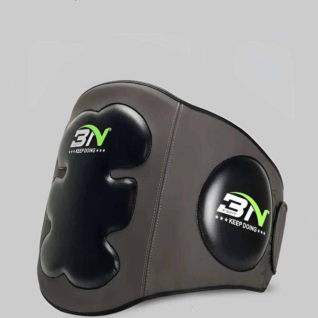 Thickened dark grey Sanda boxing waist protector shown from the front.