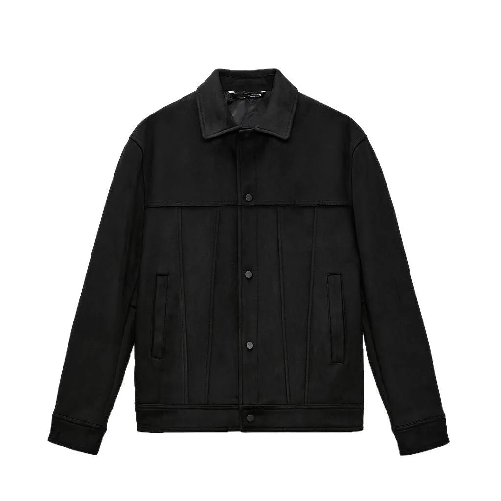 Men's black hooded jacket with suede collar, side pockets, and straight hem design for spring casual wear