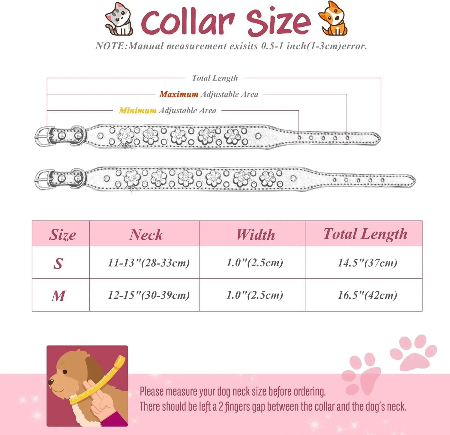Rhinestone flower pattern on a black adjustable PU leather dog collar with metal D-ring for small dogs.