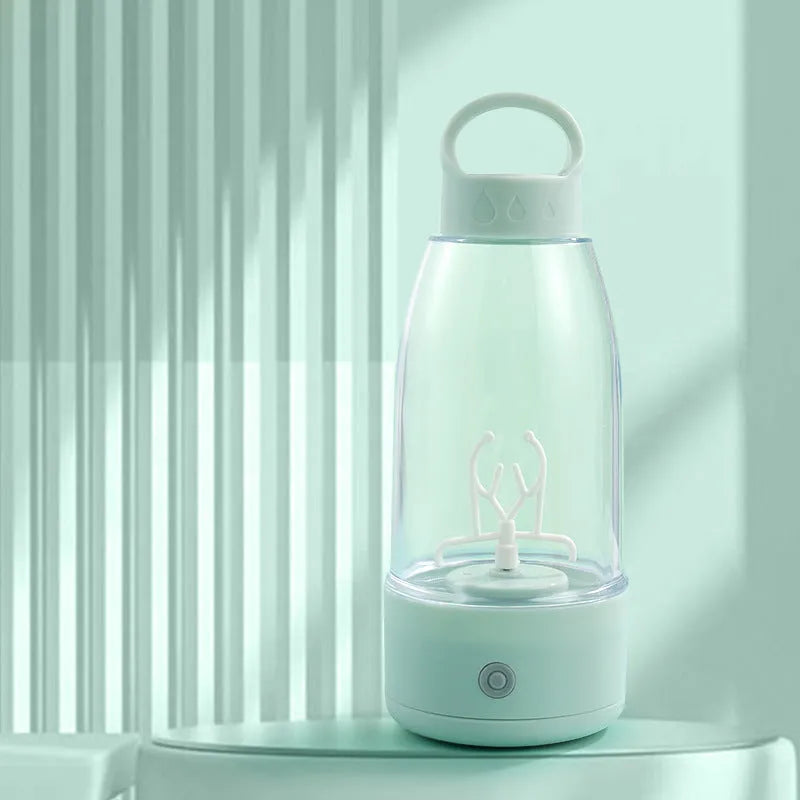 Automatic electric shaker bottle in green, pink, or white with handle and USB charging port.