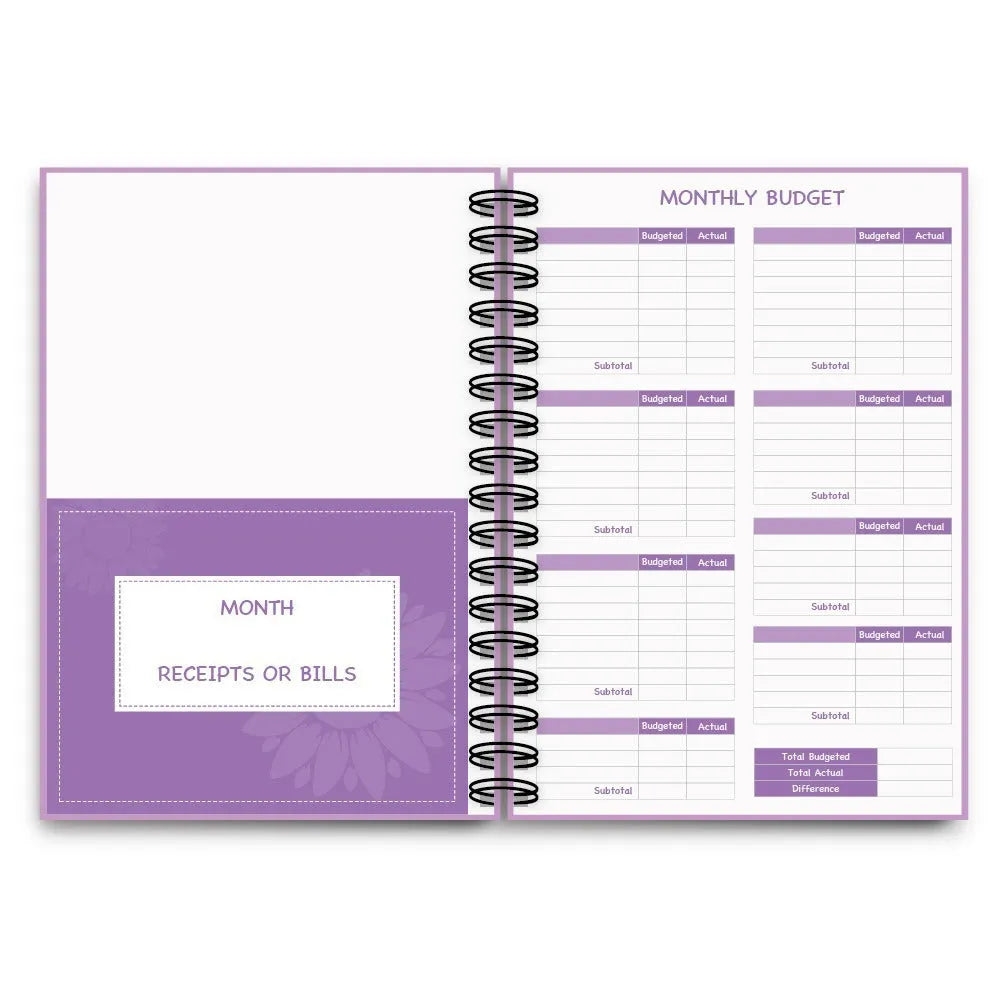 Purple coil-bound financial planning notebook with budget stickers and paper clips on A5 page