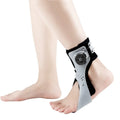 Grey ankle support brace with an airbag button shown on a left foot.
