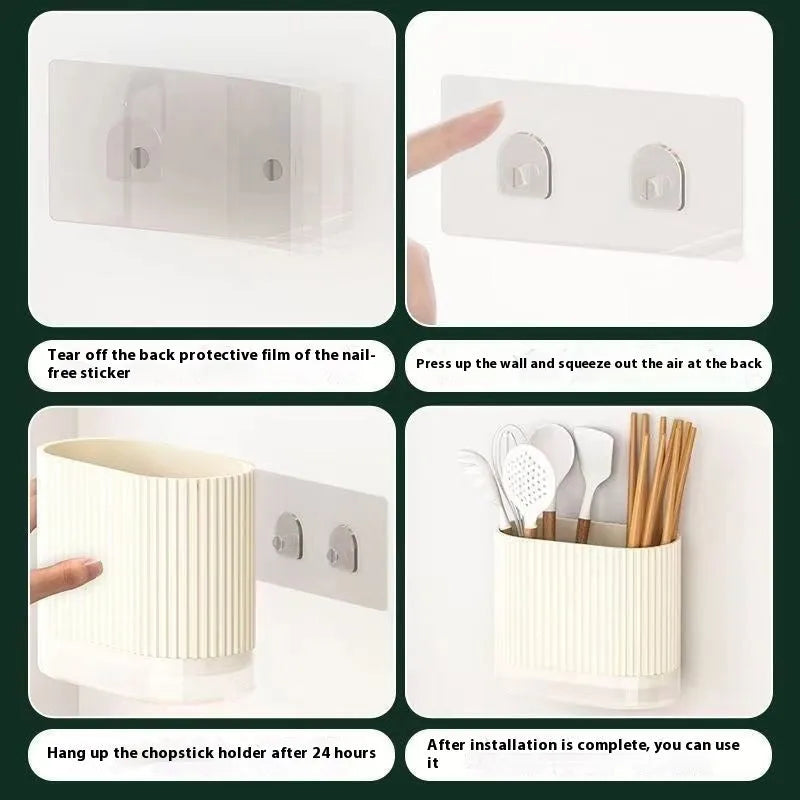 Plastic wall mounted chopstick basket with drainage tube design in beige colour