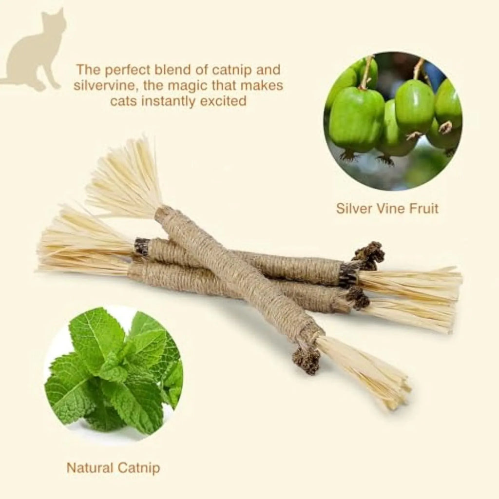 3-pack of natural silvervine chew sticks for cats on a wooden surface