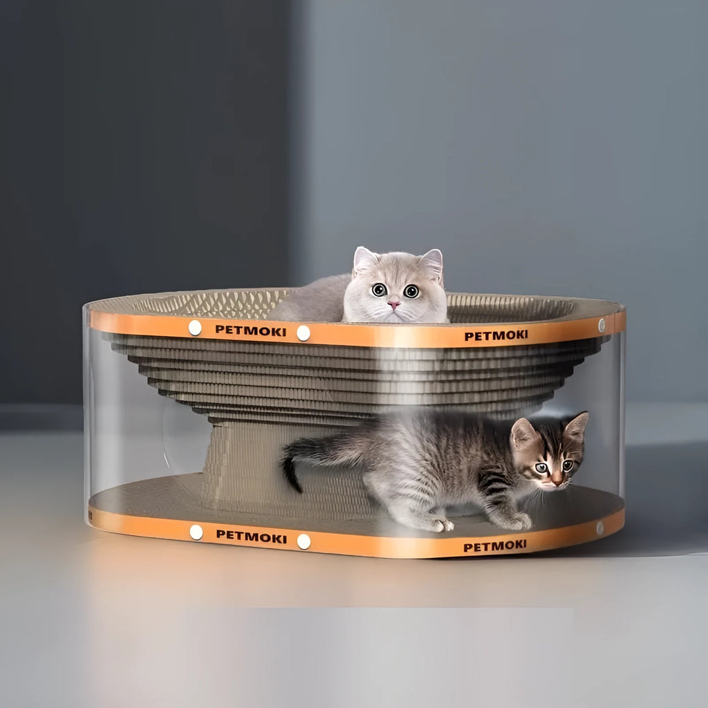 White transparent PVC cat nest tunnel with integrated scratch board showing diamond pattern design