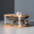 White transparent PVC cat nest tunnel with integrated scratch board showing diamond pattern design