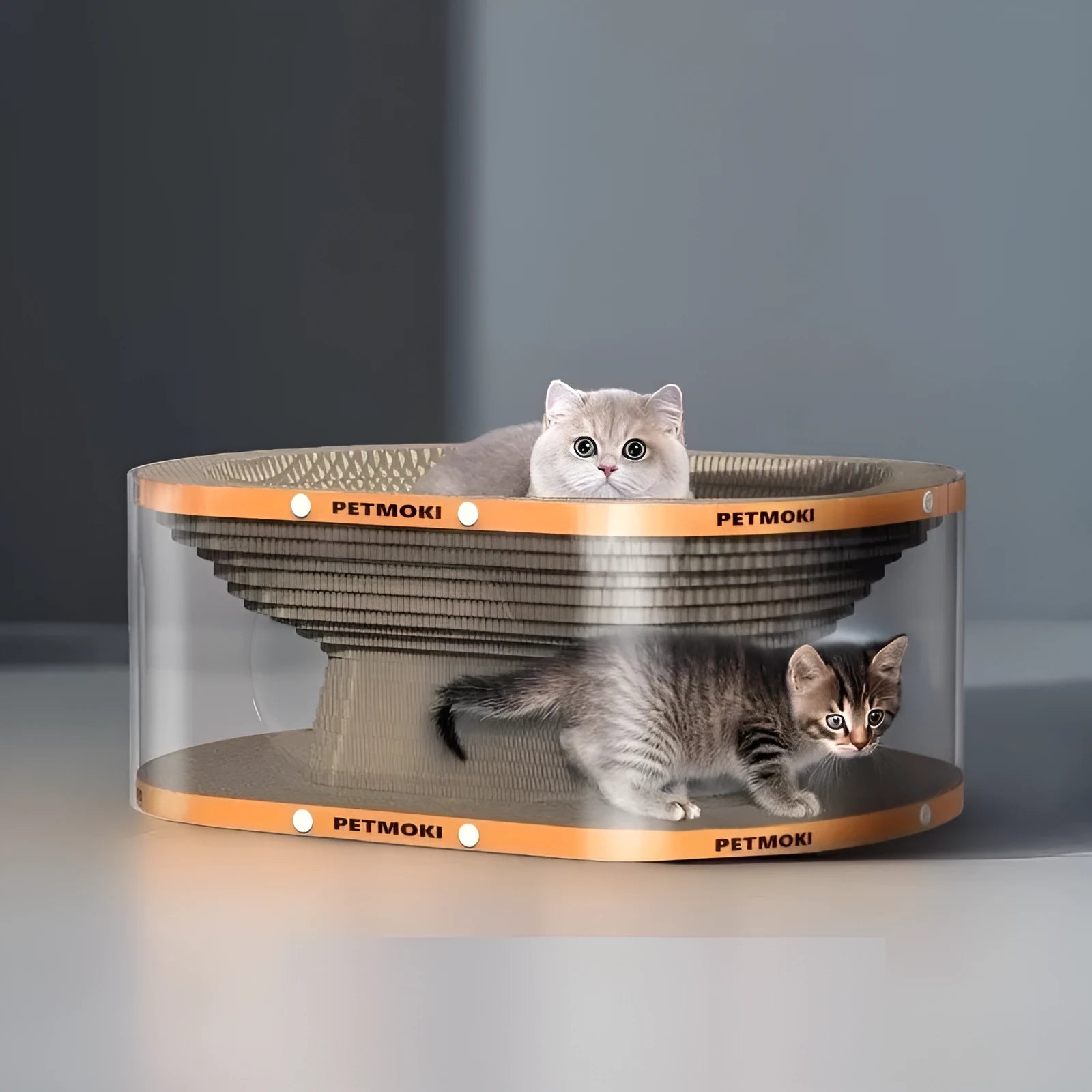 White transparent PVC cat nest tunnel with integrated scratch board showing diamond pattern design