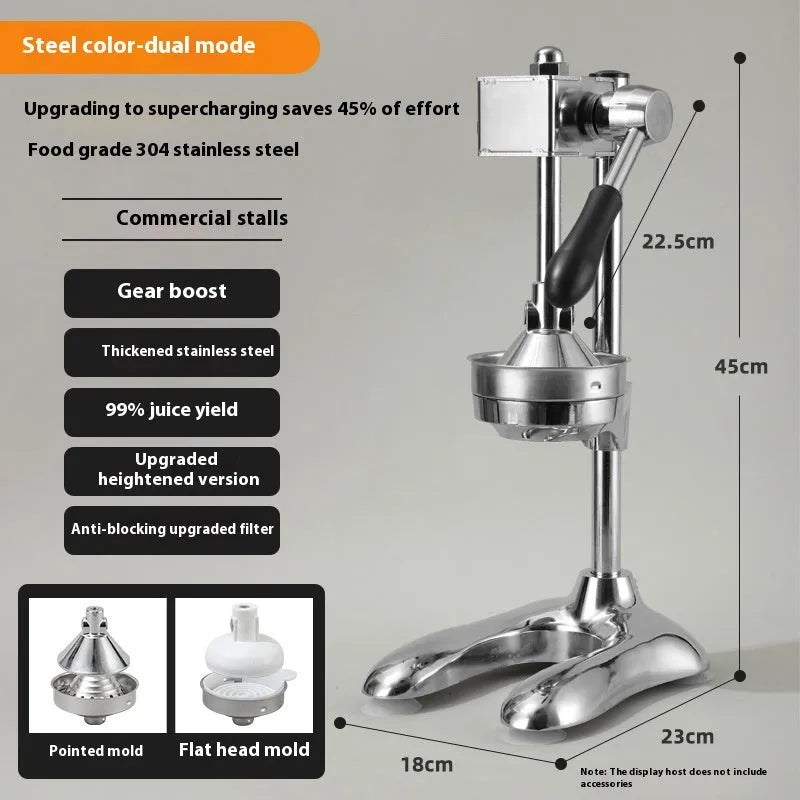 Vertical stainless steel manual juicer with zinc alloy construction in multiple colour options
