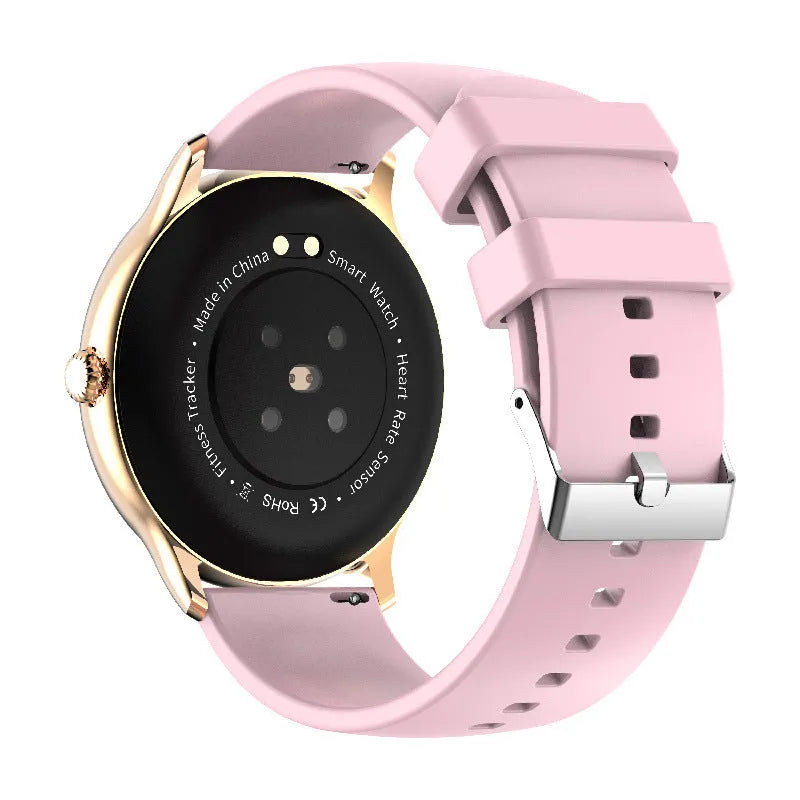 Circular smart watch with blood pressure monitoring on 1.28-inch screen and silicone strap