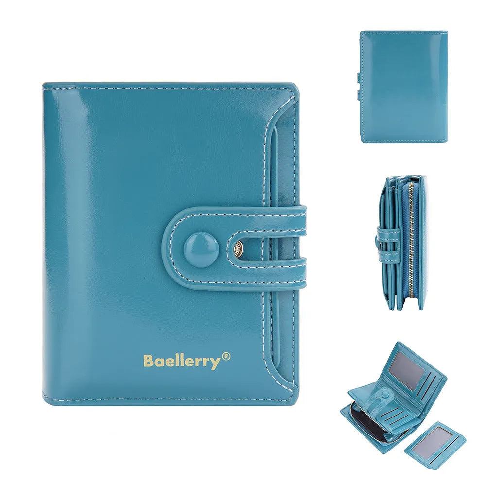 Women's PU leather RFID blocking card holder wallet shown in multiple colour options.