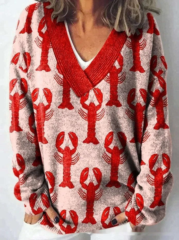 Women's V-neck sweatshirt with a white background and a textured 3D floral printed pattern.