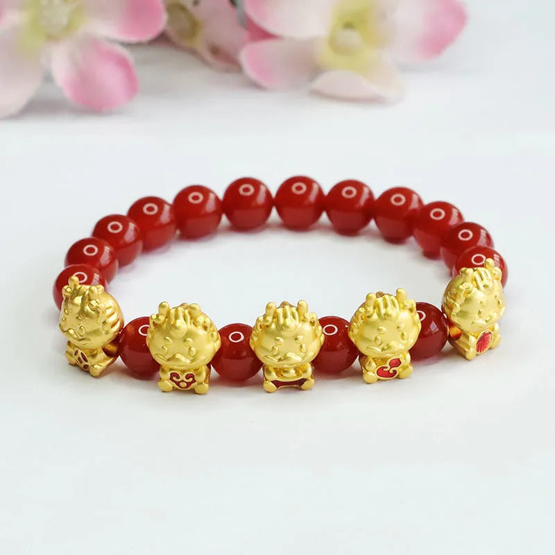 Red agate bracelet with Chinese dragon charm and 8mm beads