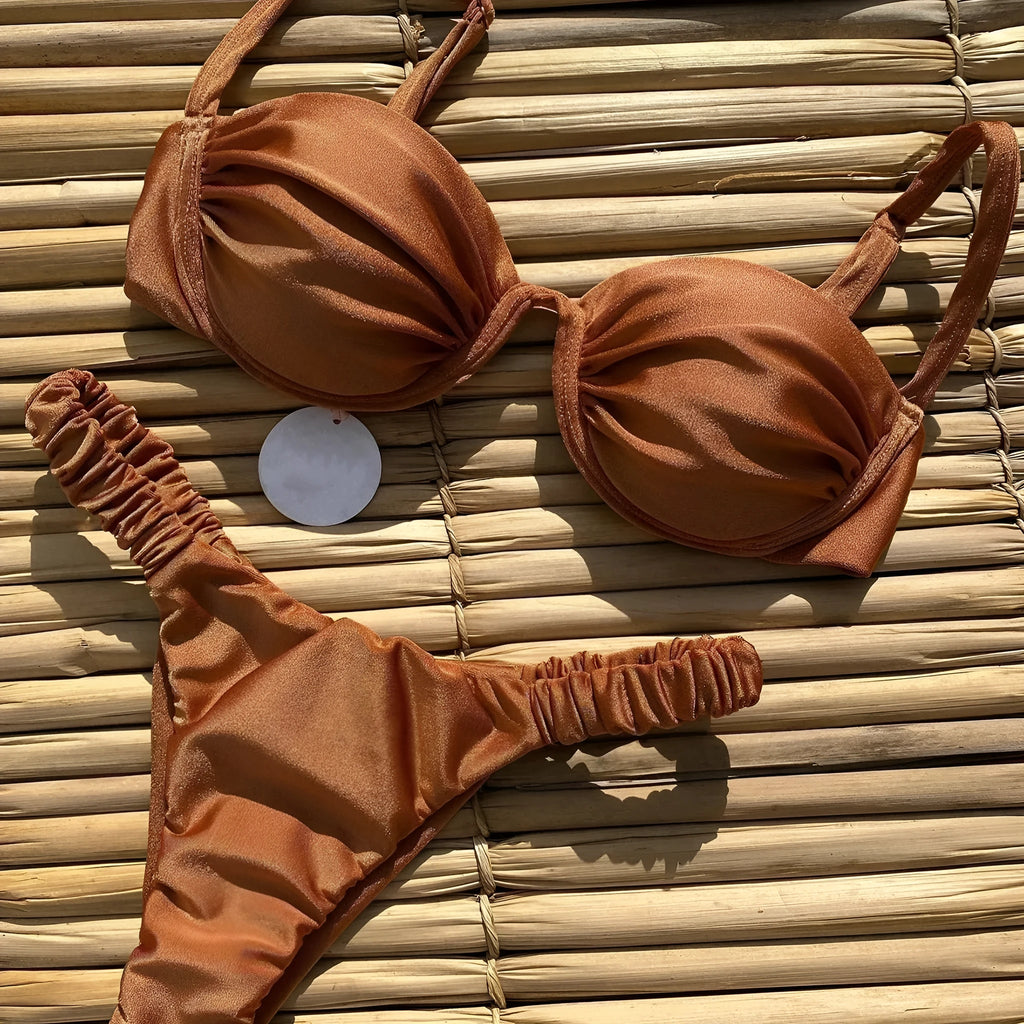Women's underwire bikini swimsuit set in black, khaki or white with split briefs design.