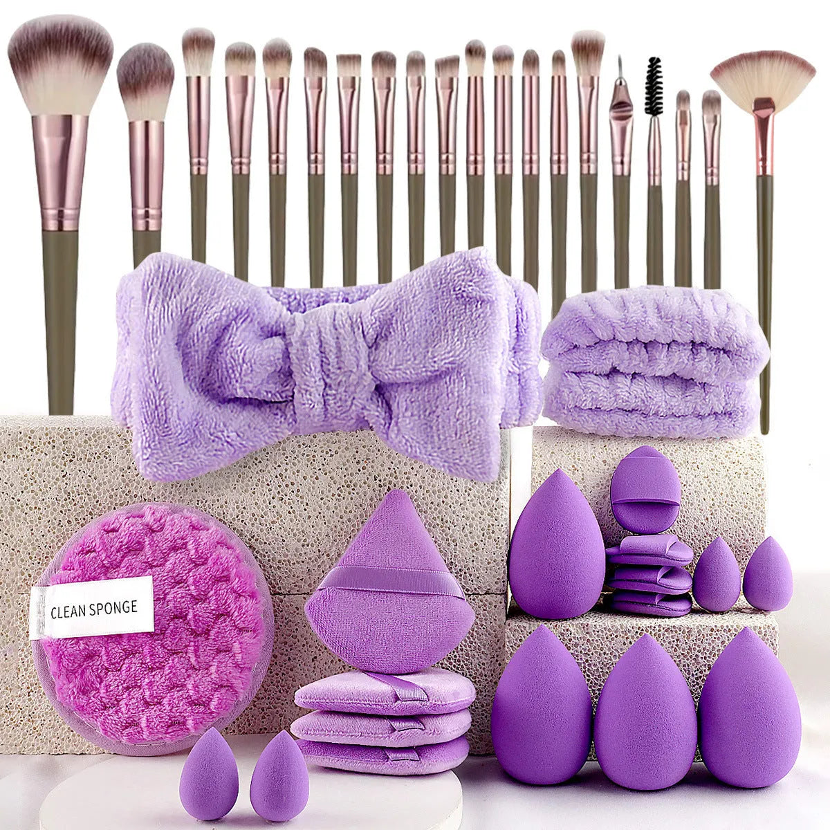 Hydrophilic non-latex beauty tool combination set for makeup and face washing in pink, brown, and purple colours