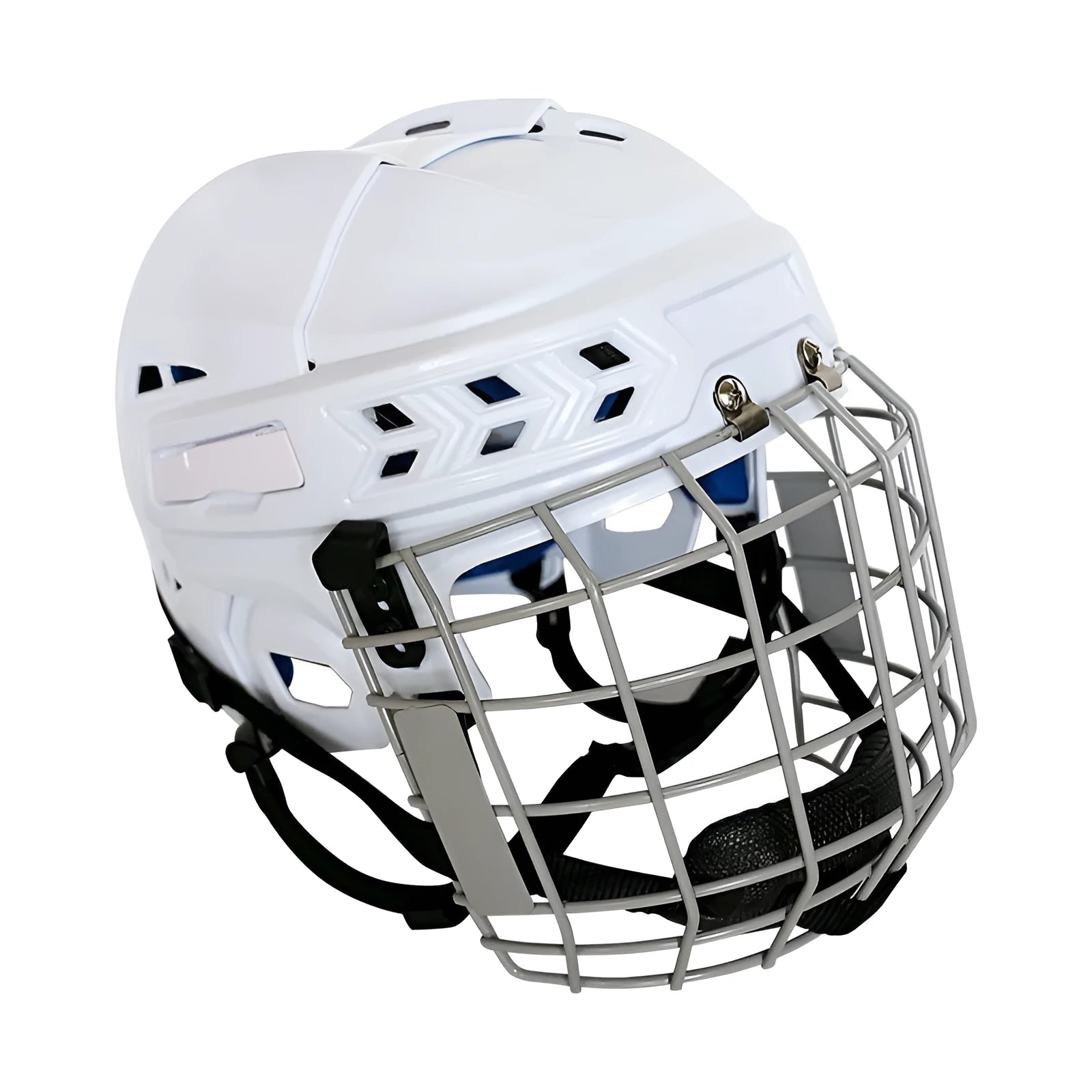 Ice hockey helmet with a carbon steel face mask showing impact-resistant PP shell exterior.