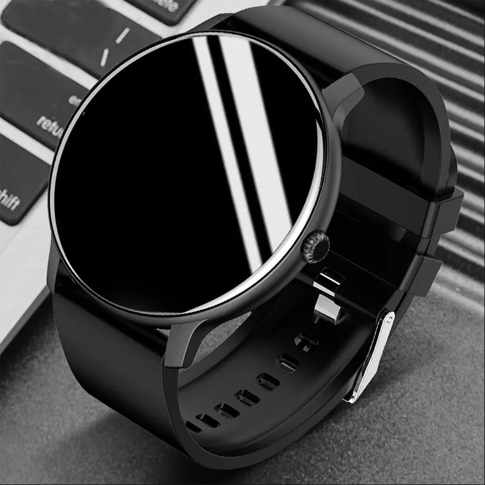 Circular smart watch with blood pressure monitoring on 1.28-inch screen and silicone strap