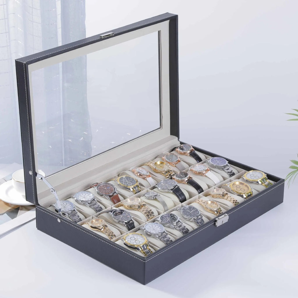 Grey high-grade leather watch storage box with see-through dustproof lid, showing watch slots inside.