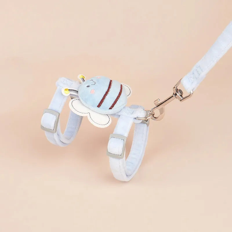 Bee-shaped adjustable cat harness and lead set in pink, yellow, or blue on a white background