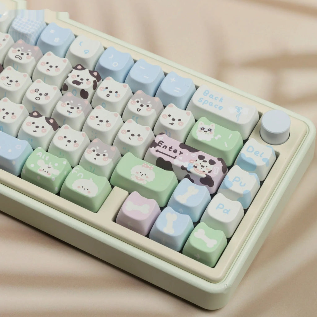 Full set of colourful PBT key caps for mechanical keyboards with printed cat and puppy designs.