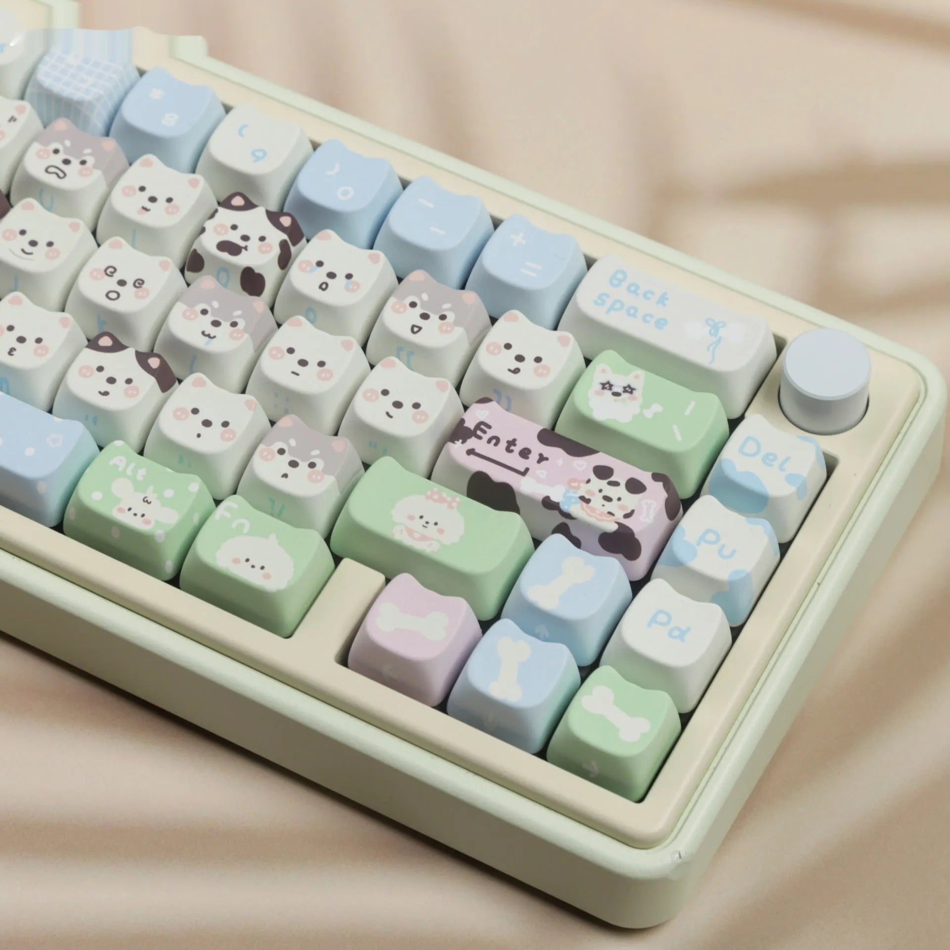 Full set of colourful PBT key caps for mechanical keyboards with printed cat and puppy designs.