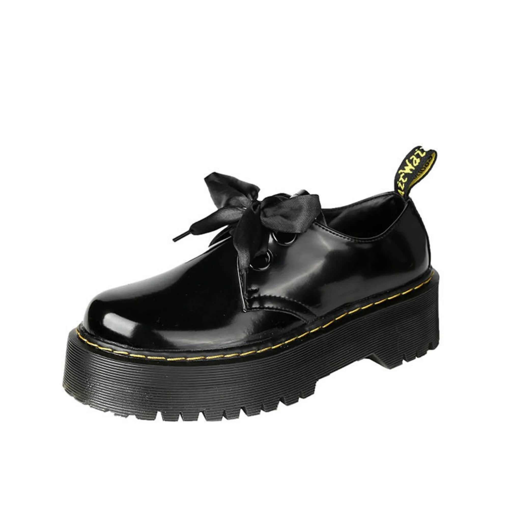 Women's black lace-up shoes with thick TPR sole, ribbon and cross strap details on superfine fibre upper.