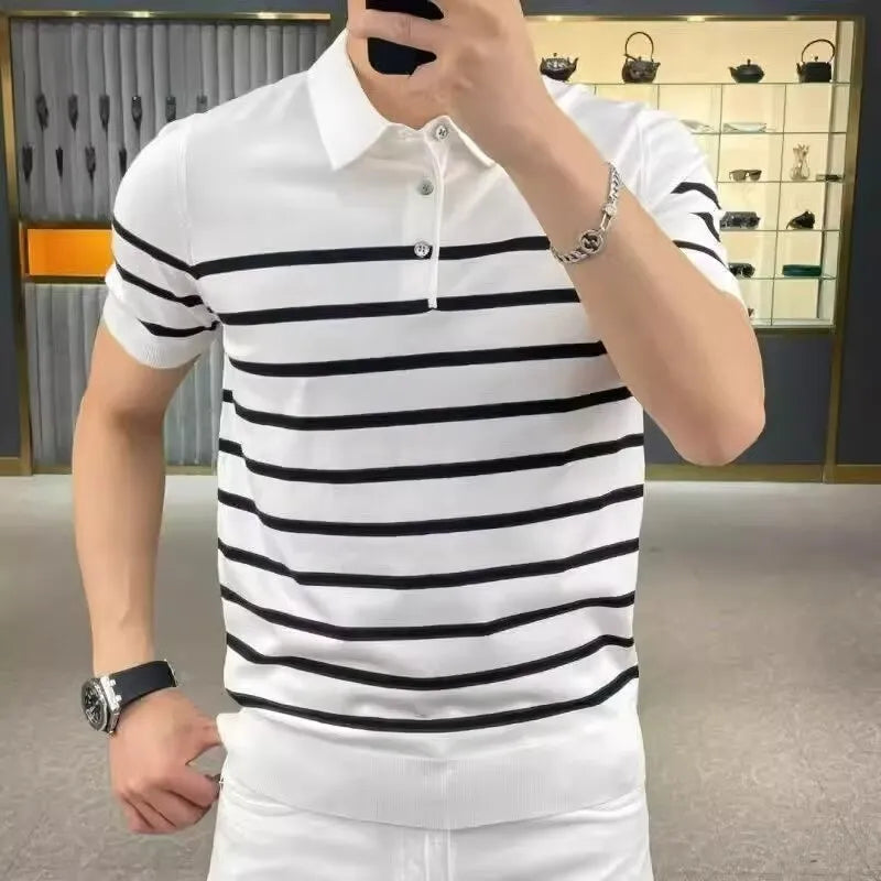 Black and white striped men's knitted t-shirt with a pointed lapel collar.