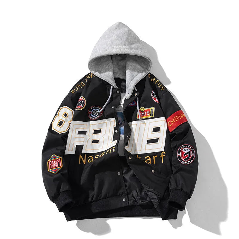 American motorcycle baseball uniform in black with removable hood and side pockets
