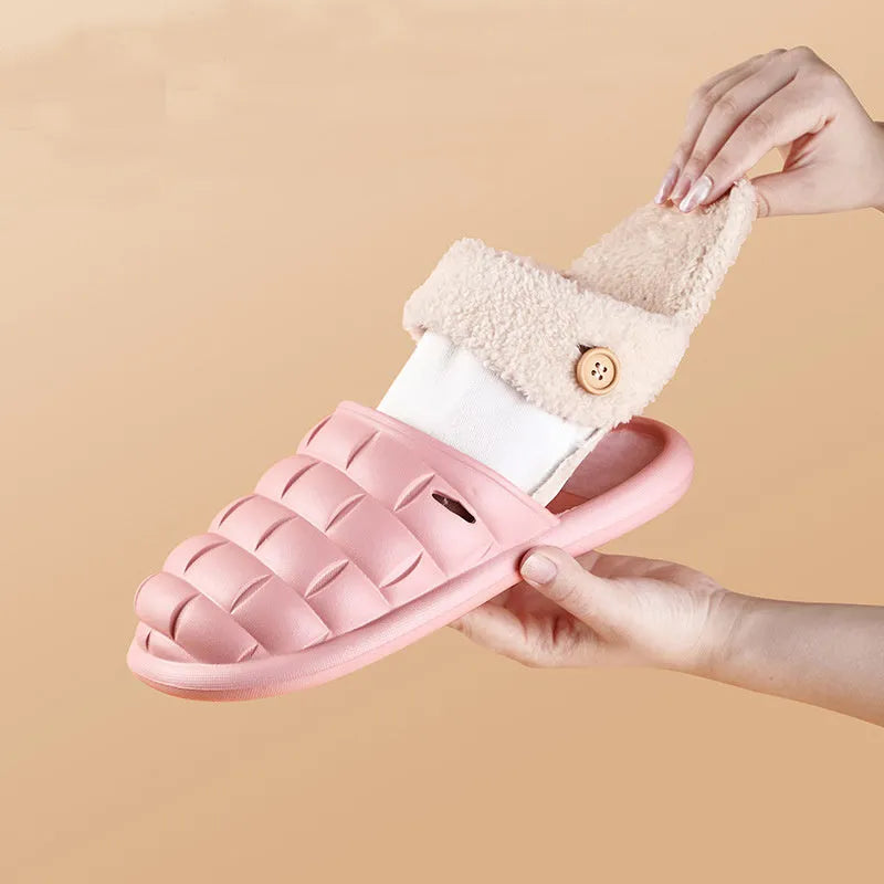 Plaid detachable EVA slippers with plush lining, shown in pink, with a round toe and flat sole.