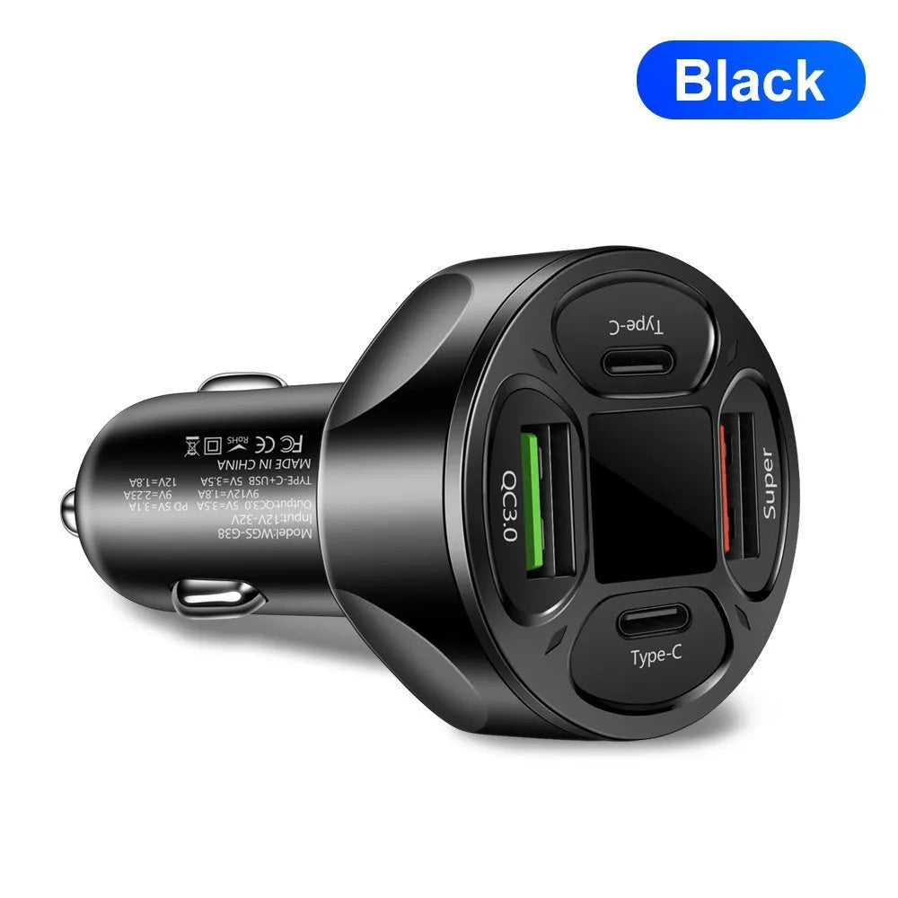 66W dual USB dual Type-C digital display car charger with compact black design