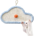 White wall-mounted cat scratching mat with sleeping cat cartoon design made from natural sisal