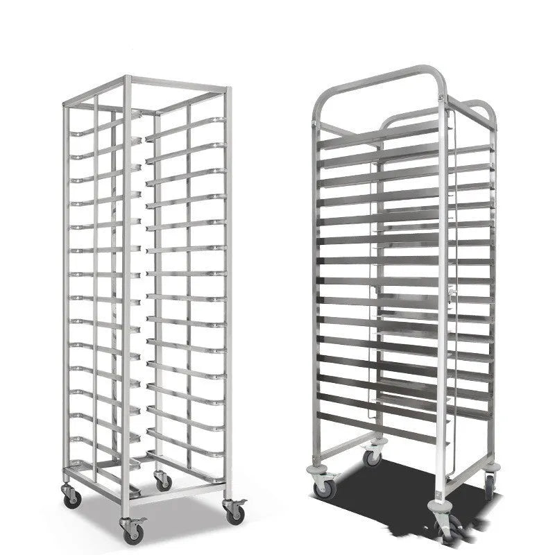 Stainless steel six-tier baking tray rack with a locking mechanism, shown holding multiple baking sheets.