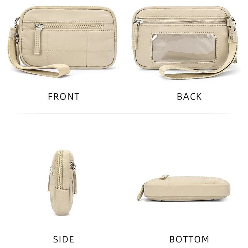Women's waterproof quilted handbag with transparent deck panel in neutral colour