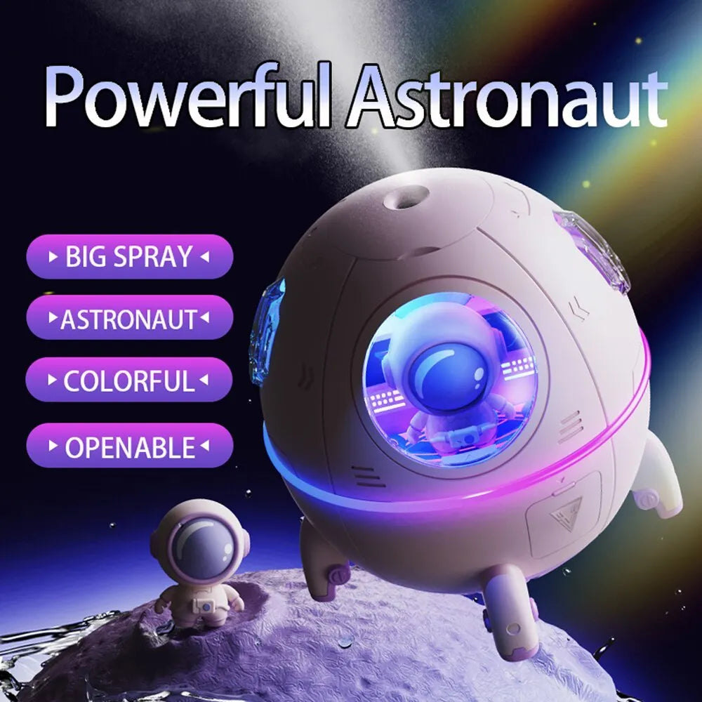 Astronaut-themed USB desktop humidifier with colourful LED base and compact 110mm design