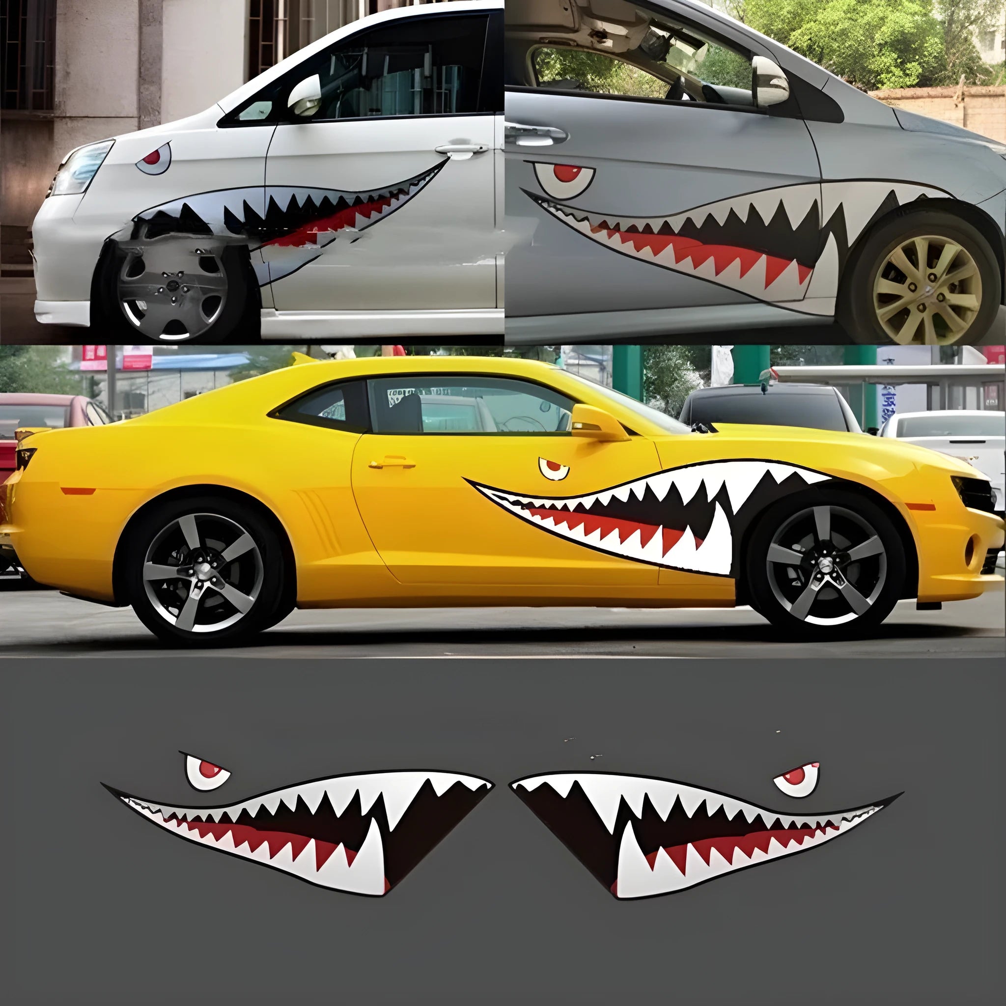 Large shark design PVC body sticker for car door, showing strong adhesive backing.