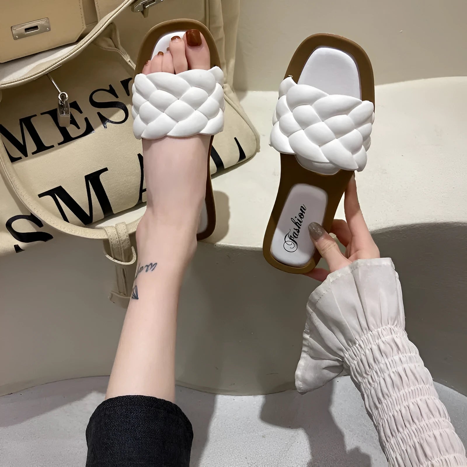 Women's anti-skid thick sole beach sandals in PVC material showing plaid pattern options