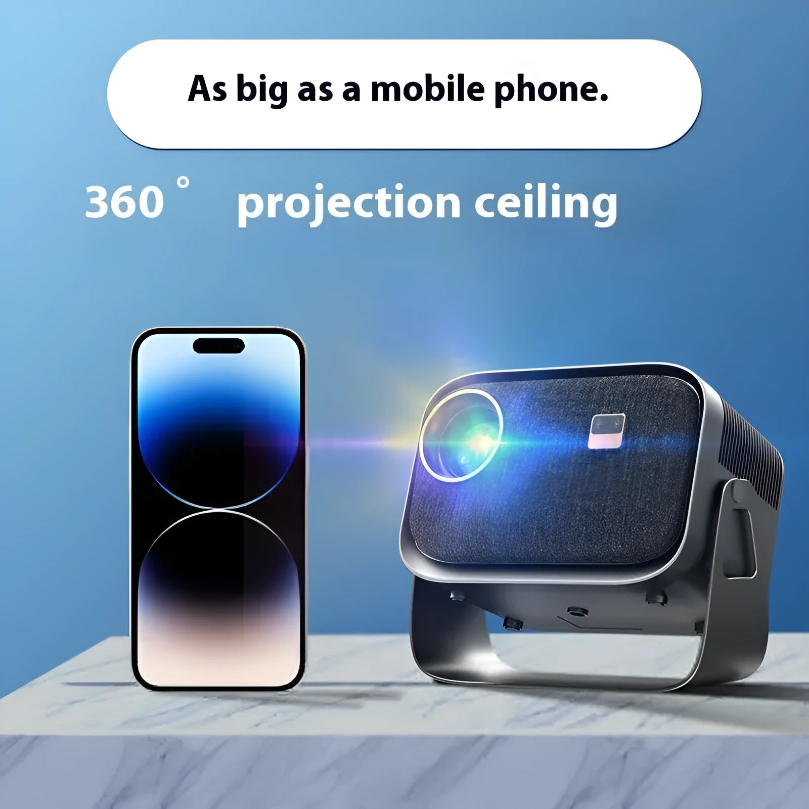 Portable smartphone projector showing 1080p HD display, compatible with Android 4K system.
