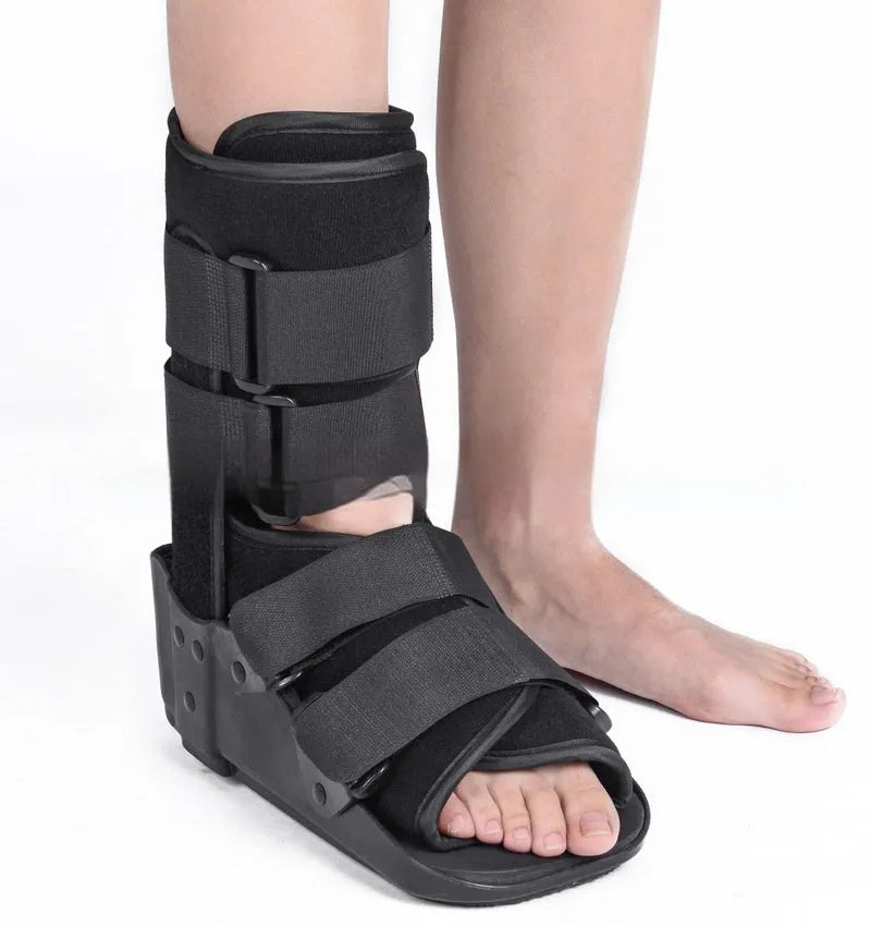 Black Achilles tendon rehabilitation walking boot with adjustable nylon straps and aluminium side supports