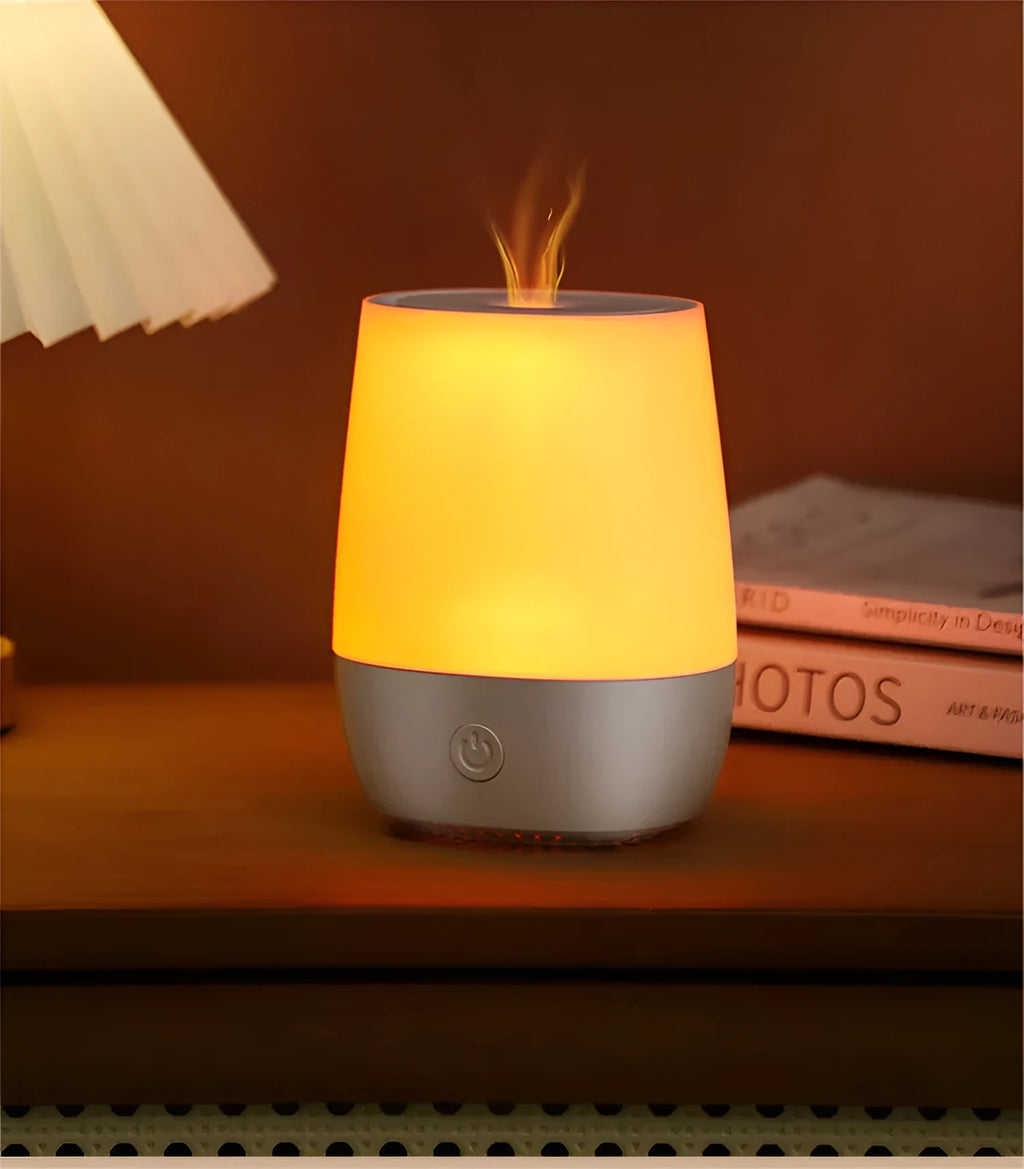 White USB aromatherapy diffuser with simulation flame effect showing dimensions and Type-C connection