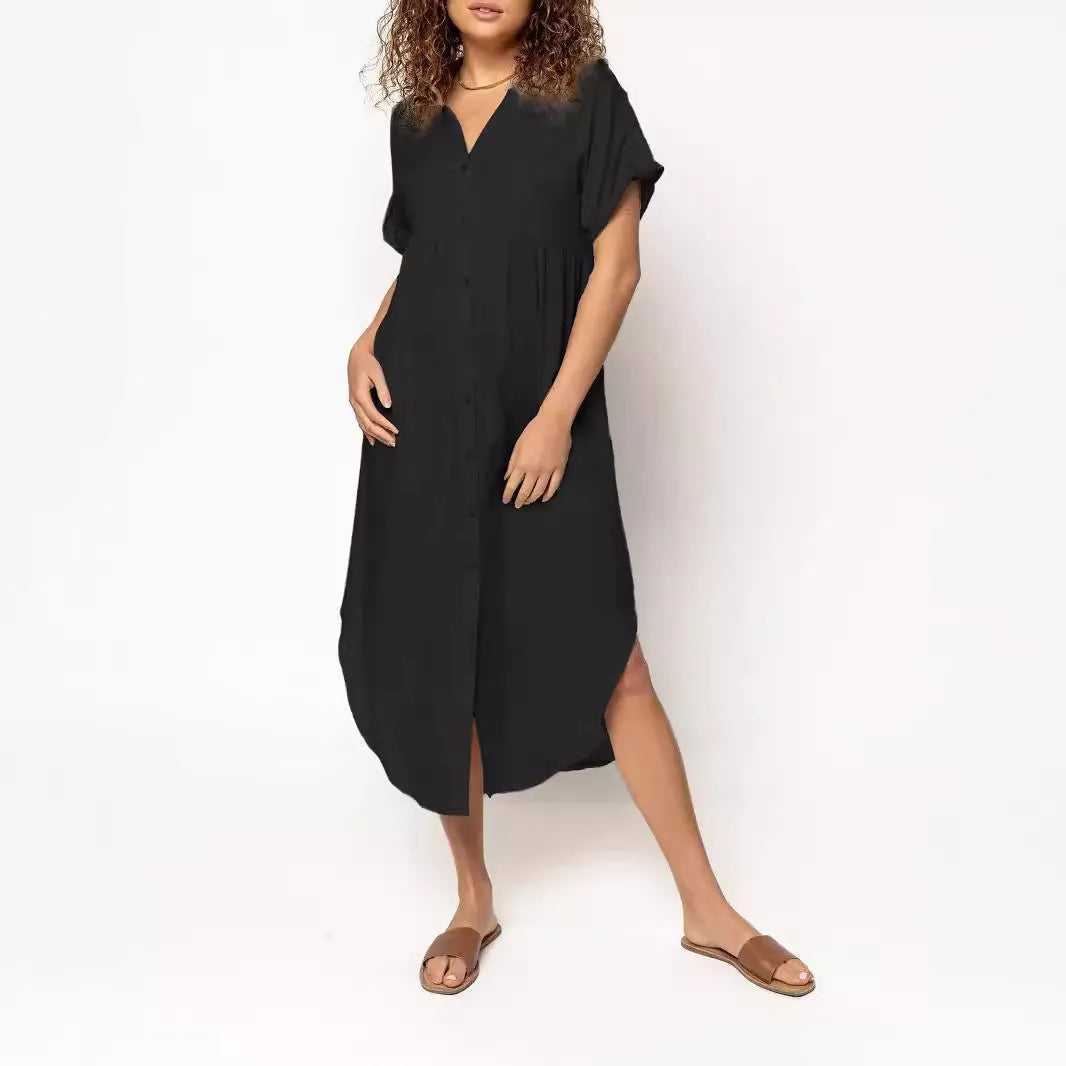 Casual button-front mid-length dress in solid colour with loose fit and regular sleeves