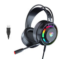 Black wired over-ear gaming headset with microphone and long cable, showing 50mm drivers and foam ear cushions.