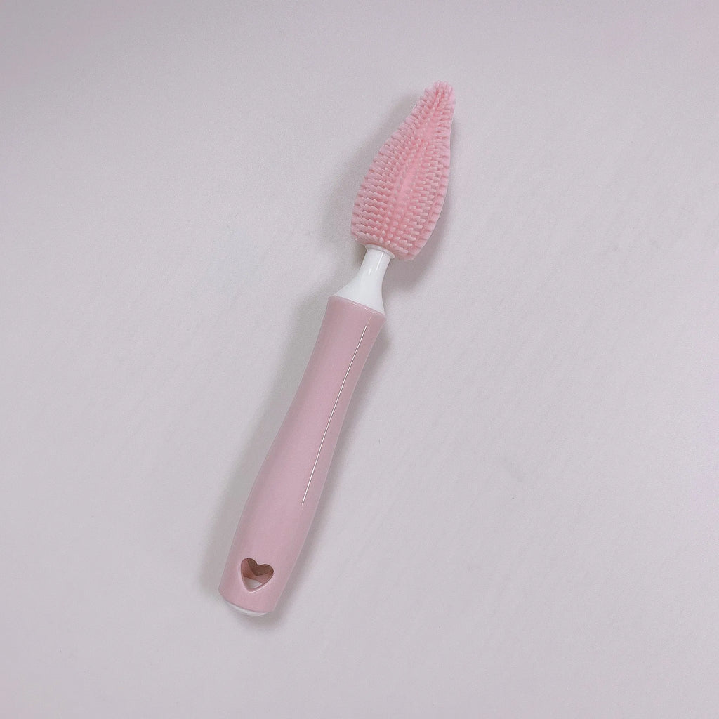 Silicone baby bottle brush and straw cleaning set in pink, blue, and yellow colour options