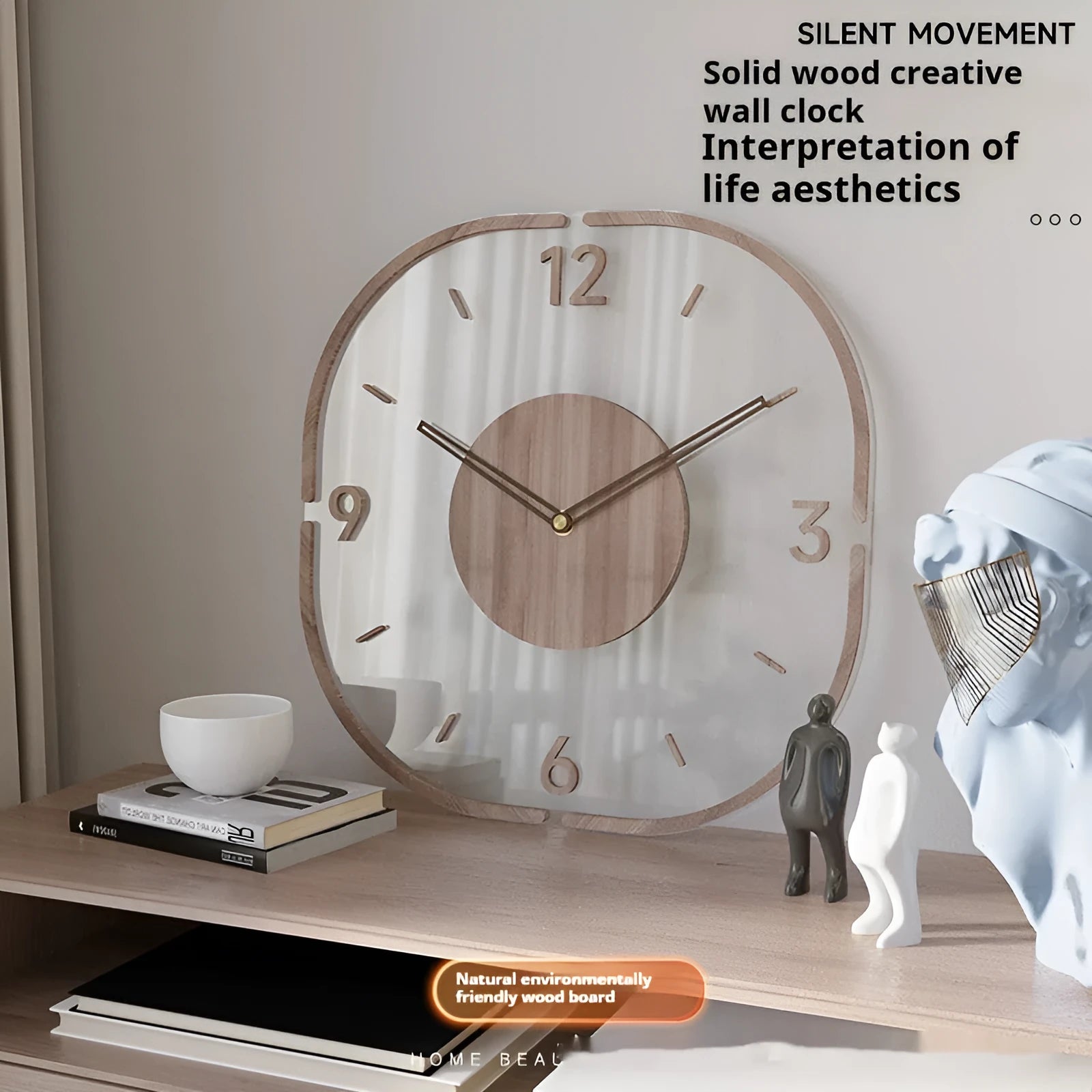 Transparent wooden wall clock with modern design measuring 35cm square