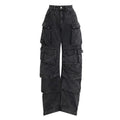 Blue and black tie-dyed women's high-waist wide-leg jeans with multiple pockets.