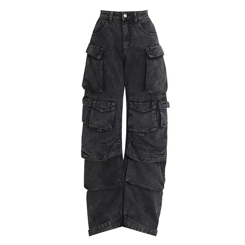 Blue and black tie-dyed women's high-waist wide-leg jeans with multiple pockets.
