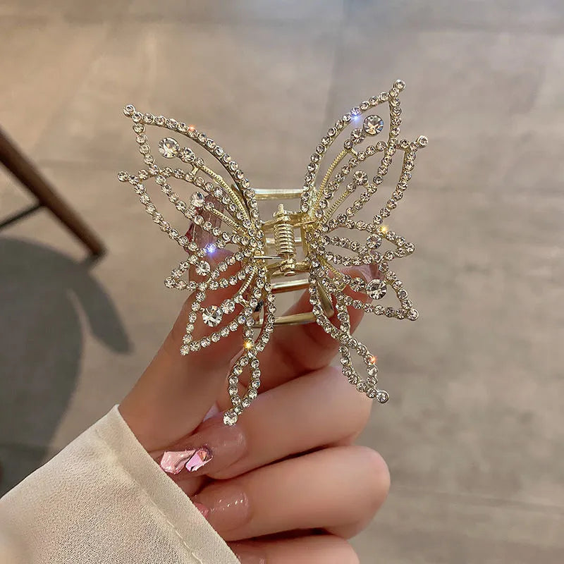 Butterfly hair clip for women with alloy construction and electroplated finish in rhinestone or pearl style