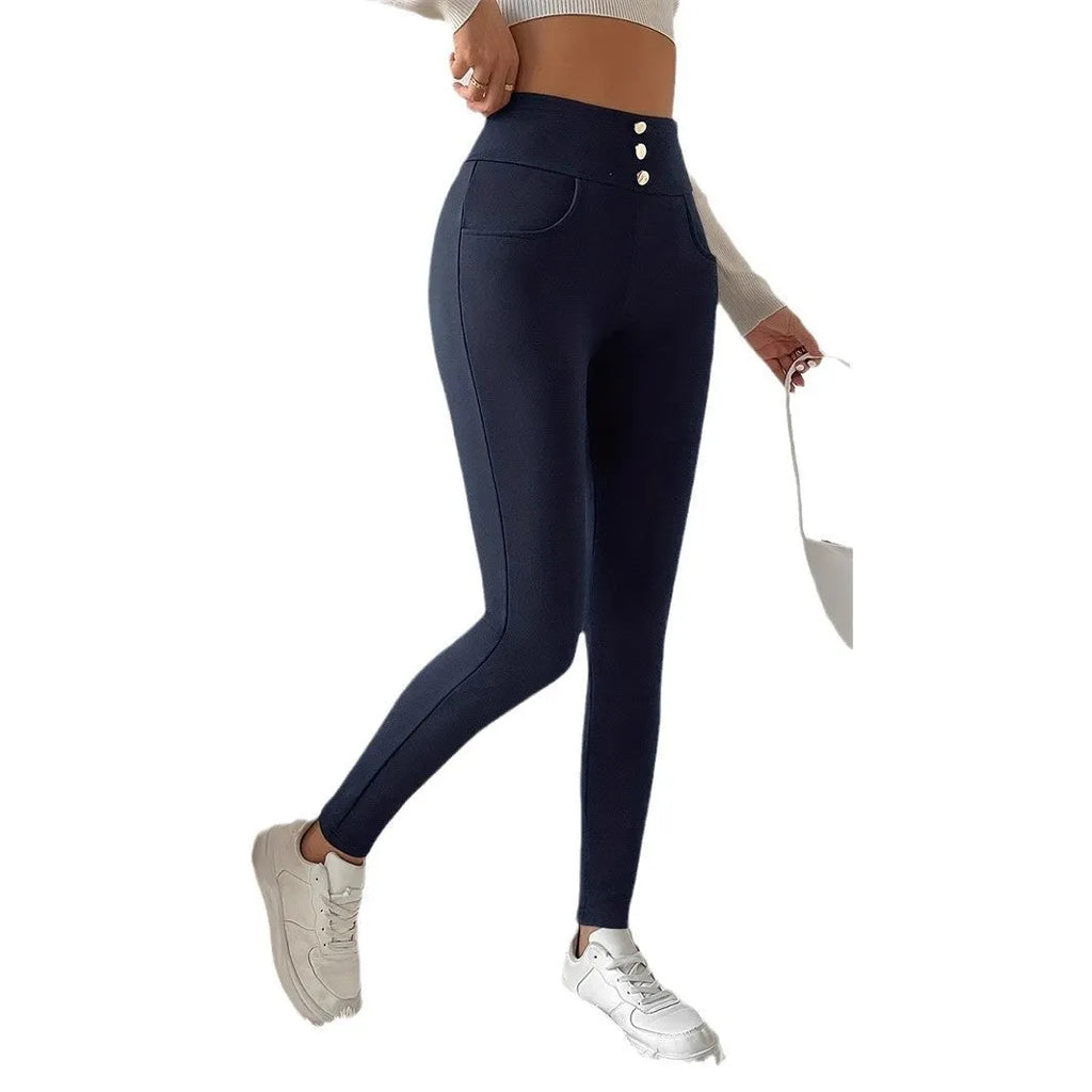 Women's navy blue high-waist straight-leg trousers with slim fit and casual styling