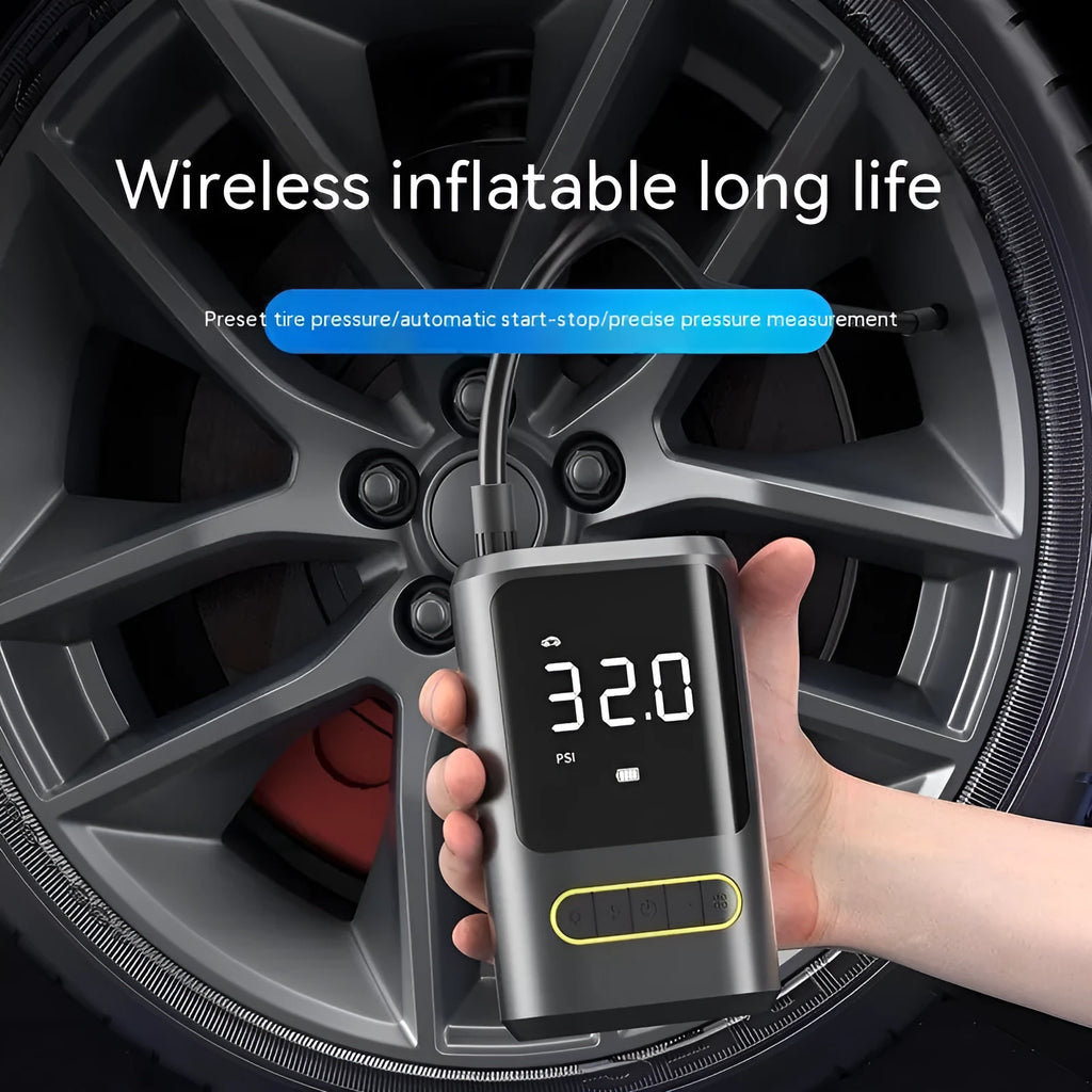 Handheld digital display car tyre inflator pump with LED screen, black ABS body, and air hose.