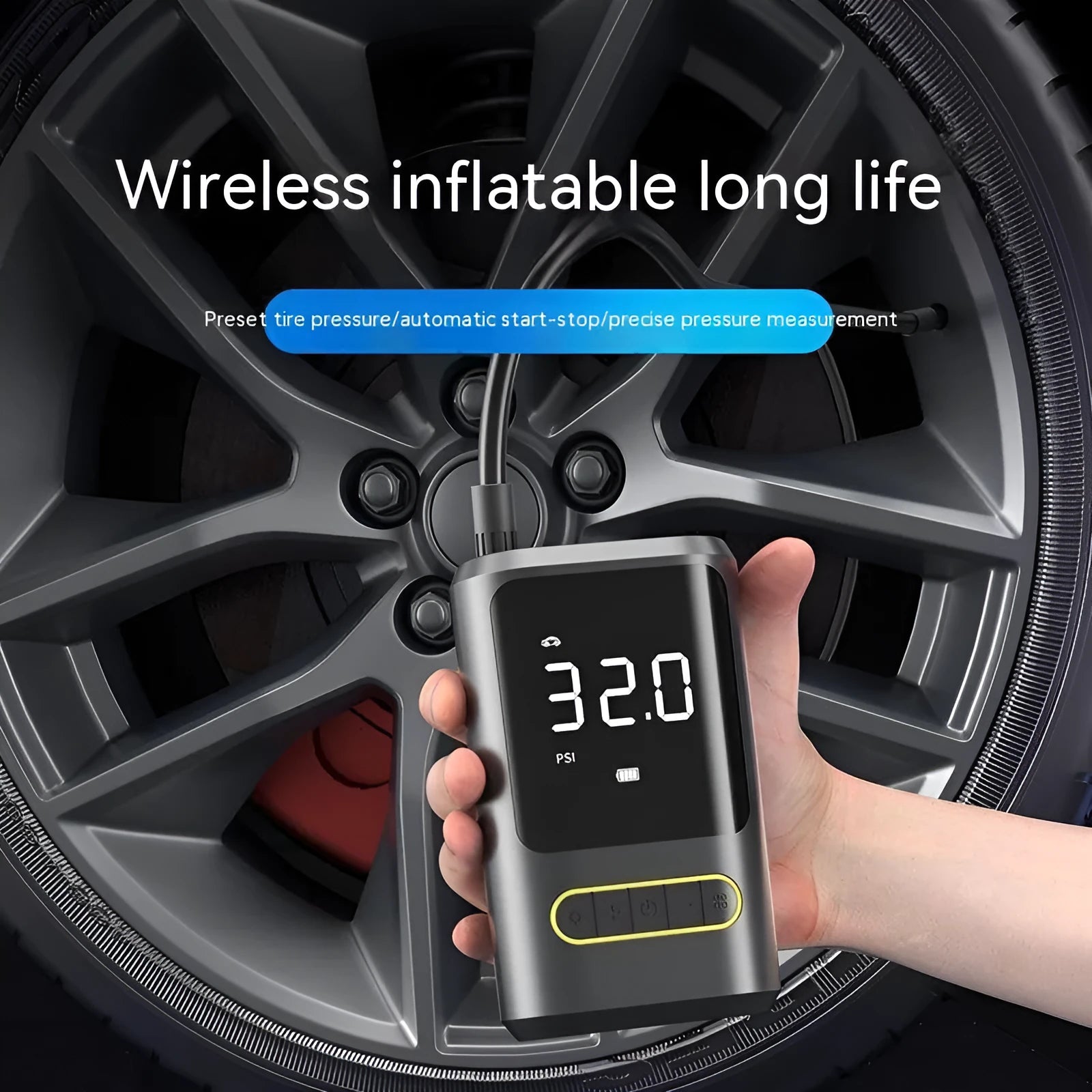 Handheld digital display car tyre inflator pump with LED screen, black ABS body, and air hose.