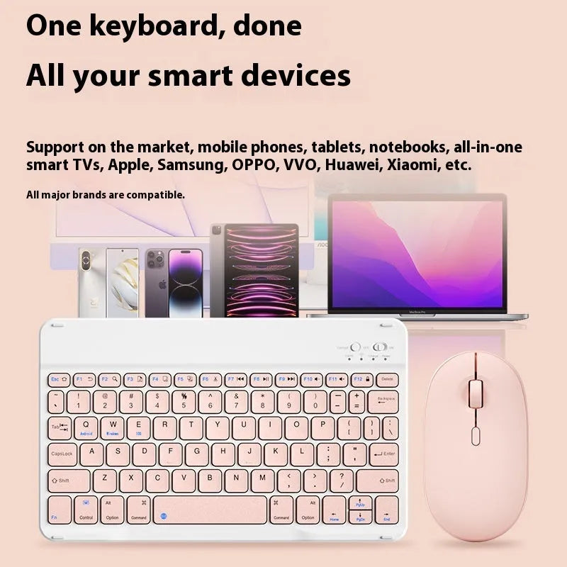 Bluetooth keyboard and rechargeable mouse set for tablet and PC on a desk.