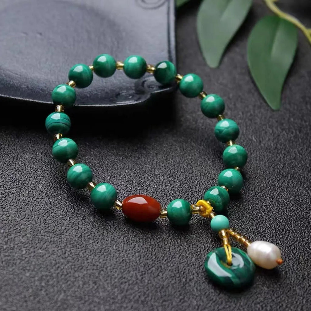 Natural green malachite and red agate barrel bead bracelet, handcrafted, approx 7-8mm beads